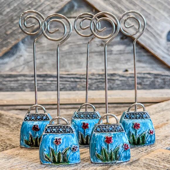 Set of 5, Pier 1 Blue Enamel Floral Purse w Rhinestones-Photo/Place Card Holders - Picture 1 of 7